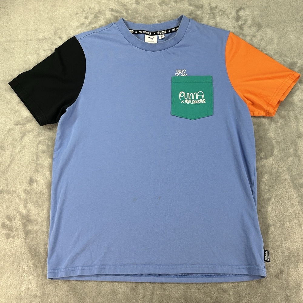 Puma x Mr Doodle Pocket T-Shirt Size Medium Colorblock Retro FLAWS